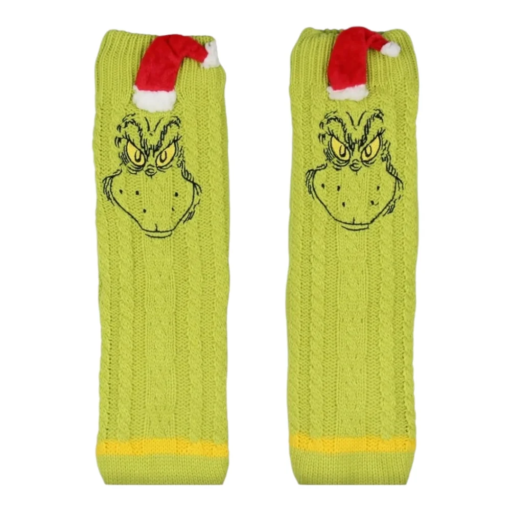 Bioworld Grinch Sherpa Lined Santa Hat Knit Slipper Socks NWT (Shoe 5-10)